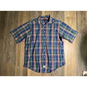 Vintage Lawton Harbor Button Down Shirt Mens Large Blue Green Plaid‎ 100% Cotton